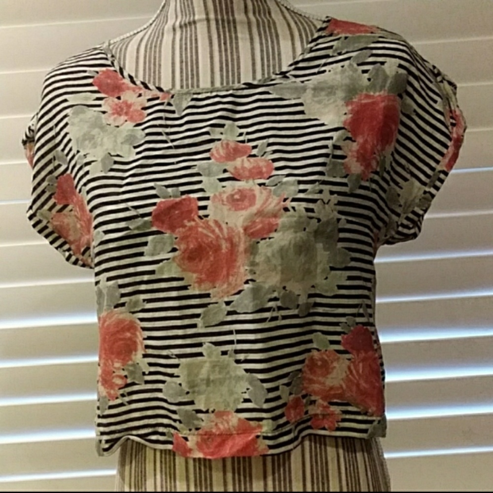 TopShop Floral Striped Boxy Crop Top